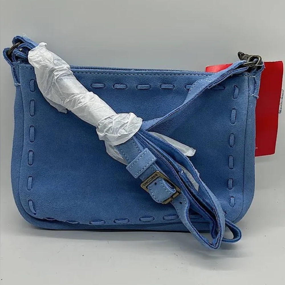 NWT Minnetonka Beautiful Cool Blue Pop Leather Suede Crossbody Bag Purse